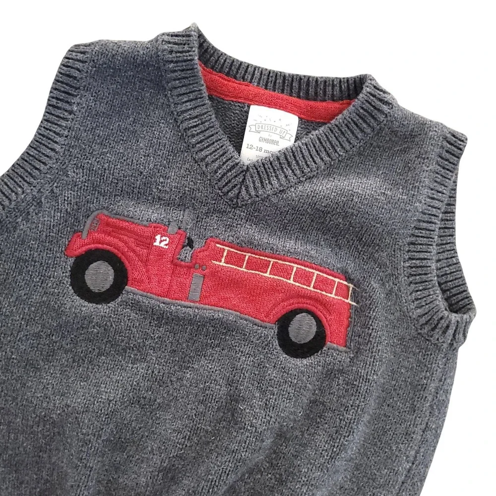 Gymboree Boys Gray Fire Truck Cotton Knit Sweater Vest 12-18 Months Dressed‎ Up